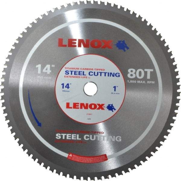 Lenox - 14" Diam, 1" Arbor Hole Diam, 80 Tooth Wet & Dry Cut Saw Blade - Titanium Carbide-Tipped, General Purpose Action, Standard Round Arbor - Americas Industrial Supply