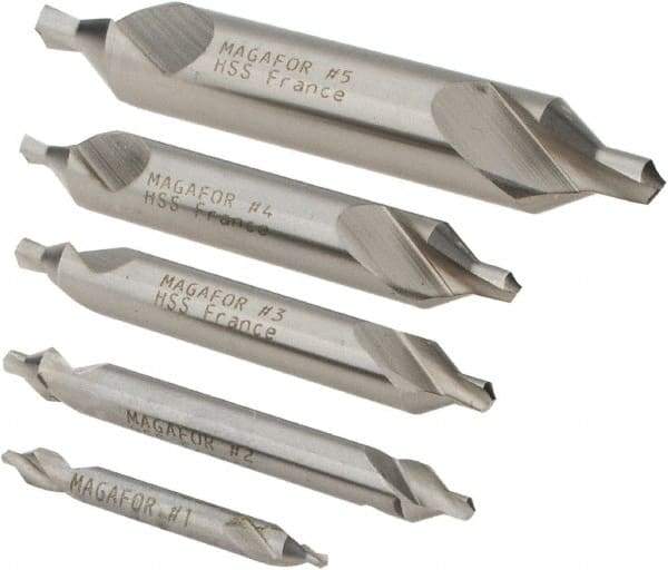 Magafor - 5 Piece, #1 to 5, 1/8 to 7/16" Body Diam, 3/64 to 3/16" Point Diam, Plain Edge, High Speed Steel Combo Drill & Countersink Set - 60° Incl Angle, 0.067 to 0.256" Point Length, 1/8 to 2-3/4" OAL, Double End, 115 Series Compatibility - Americas Industrial Supply