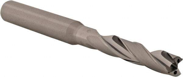 Kennametal - Letter E (1/4) 180° Spiral Flute Solid Carbide Screw Machine Drill Bit - Bright Finish, Right Hand Cut, 34mm Flute Length, 79mm OAL, Flat-Bottom Point, Straight Shank, Through Coolant - Americas Industrial Supply