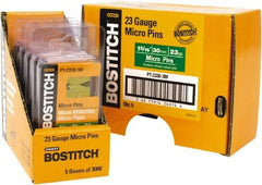 Stanley Bostitch - 23 Gauge 0.0281" Shank Diam 1-3/16" Long Pin Nails for Power Nailers - Steel, Bright Finish, Smooth Shank, Straight Stick Adhesive Collation, Round Head, Diamond Point - Americas Industrial Supply