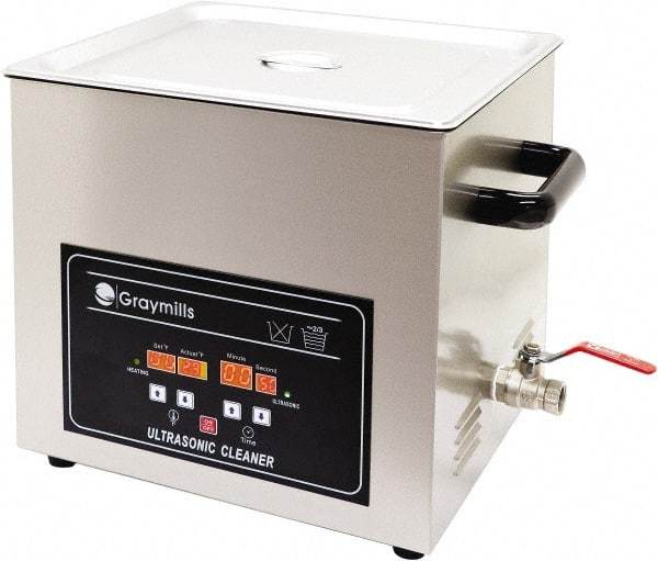 Graymills - Bench Top Water-Based Ultrasonic Cleaner - 1.7 Gal Max Operating Capacity, 304 Stainless Steel Tank, 304.8mm High x 13" Long x 7" Wide, 120 Input Volts - Americas Industrial Supply