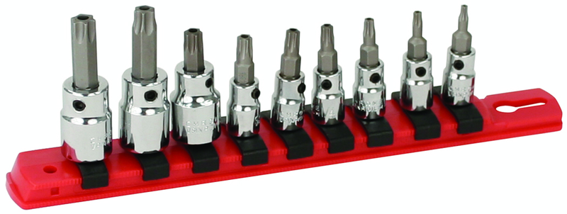 1/4" Drive: T10s; T15s; T20s; T27s; T30s and 3/8" T40s (1/4" Bit) and 3/8" T45s; T50s (5/16" Bit) on rail - Square Drive Replaceable Bit - Security Torx Bit Socket Set - Americas Industrial Supply