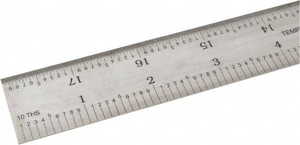 SPI - 18" Long, 1/100, 1/10" and 0.5, 1mm Graduation, Rigid Steel Rule - Decimal/Metric Graduation Style, 1-1/8" Wide, Silver, Satin Chrome Finish - Americas Industrial Supply
