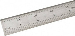 SPI - 18" Long, 1/100, 1/10" and 0.5, 1mm Graduation, Rigid Steel Rule - Decimal/Metric Graduation Style, 1-1/8" Wide, Silver, Satin Chrome Finish - Americas Industrial Supply
