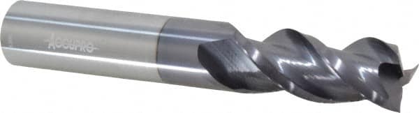 Accupro - 9/16", 1-1/4" LOC, 9/16" Shank Diam, 3-1/2" OAL, 3 Flute, Solid Carbide Square End Mill - Single End, AlTiN Finish, Spiral Flute, 40° Helix, Centercutting, Right Hand Cut, Right Hand Flute - Americas Industrial Supply