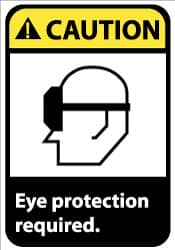 NMC - Accident Prevention Label, Header: CAUTION - Legend: Caution - Eye Protection Required, English, Black, Yellow & White, 5" Long x 3" High, Sign Muscle Finish - Americas Industrial Supply