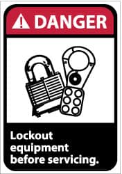 NMC - Accident Prevention Label, Header: DANGER - Legend: Danger - Lock Out Equipment Before Servicing, English, Red, Black & White, 5" Long x 3" High, Sign Muscle Finish - Americas Industrial Supply