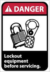 NMC - Accident Prevention Label, Header: DANGER - Legend: Danger - Lock Out Equipment Before Servicing, English, Red, Black & White, 5" Long x 3" High, Sign Muscle Finish - Americas Industrial Supply