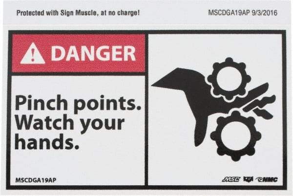 NMC - Accident Prevention Label, Header: DANGER - Legend: Danger - Pinch Points - Watch Your Hands, English, Red, Black & White, 5" Long x 3" High, Sign Muscle Finish - Americas Industrial Supply