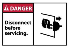 NMC - Accident Prevention Label, Header: DANGER - Legend: Danger - Disconnect Before Servicing, English, Red, Black & White, 5" Long x 3" High, Sign Muscle Finish - Americas Industrial Supply