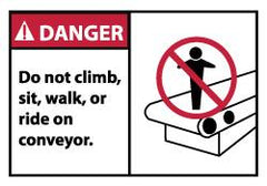 NMC - Accident Prevention Label, Header: DANGER - Legend: Danger - Do Not Climb Sit Walk or Ride on Conveyor, English, Red, Black & White, 5" Long x 3" High, Sign Muscle Finish - Americas Industrial Supply