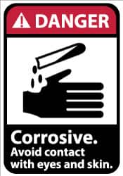 NMC - Accident Prevention Label, Header: DANGER - Legend: Danger - Corrosive - Avoid Contact with Eyes and Skin, English, Red, Black & White, 5" Long x 3" High, Sign Muscle Finish - Americas Industrial Supply