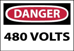 NMC - Accident Prevention Label, Header: DANGER - Legend: Danger - 480 Volts, English, Red, Black & White, 5" Long x 3" High, Sign Muscle Finish - Americas Industrial Supply