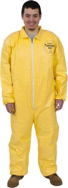 Dupont - Size L PE Film Chemical Resistant Coveralls - Yellow, Zipper Closure, Open Cuffs, Open Ankles, Serged Seams - Americas Industrial Supply