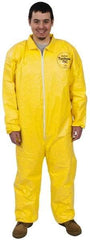 Dupont - Size XL PE Film Chemical Resistant Coveralls - Yellow, Zipper Closure, Elastic Cuffs, Elastic Ankles, Serged Seams - Americas Industrial Supply