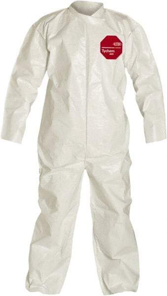 Dupont - Size XL Saranex Chemical Resistant Coveralls - White, Zipper Closure, Open Cuffs, Open Ankles, Bound Seams - Americas Industrial Supply
