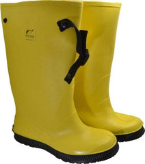 Dunlop Protective Footwear - Men's 11 Rain & Cold Resistant Overboots - 17" High, Plain Toe, Self Cleaning & Cleated Sole, PVC Upper, Yellow, Adjustable Polyester Strap, Buckles & Snaps - Americas Industrial Supply
