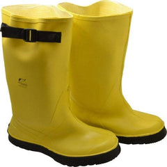 Dunlop Protective Footwear - Men's 13 Rain & Cold Resistant Overboots - 17" High, Plain Toe, Self Cleaning & Cleated Sole, PVC Upper, Yellow, Adjustable Polyester Strap, Buckles & Snaps - Americas Industrial Supply
