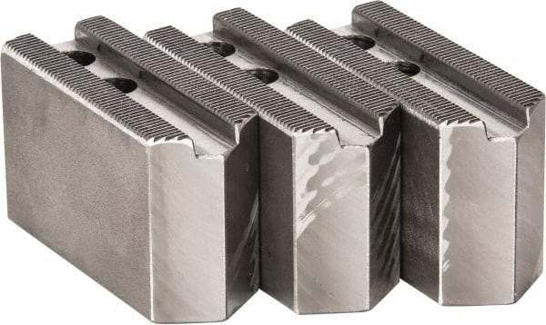 H & R Manufacturing - 1.5mm x 60° Serrated Attachment, Square Soft Lathe Chuck Jaw - 3 Jaws, Steel, 0.787" Btw Mount Hole Ctrs, 3-1/8" Long x 1-1/4" Wide x 2" High, 0.472" Groove, 10mm Fastener - Americas Industrial Supply