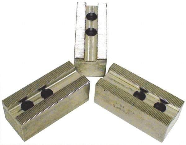 H & R Manufacturing - 1.5mm x 60° Serrated Attachment, Square Soft Lathe Chuck Jaw - 3 Jaws, Aluminum, 1.69" Btw Mount Hole Ctrs, 6-1/2" Long x 2-1/2" Wide x 2-1/2" High, 1" Groove, 20mm Fastener - Americas Industrial Supply
