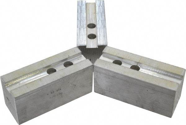 H & R Manufacturing - 1.5mm x 60° Serrated Attachment, Square Soft Lathe Chuck Jaw - 3 Jaws, Aluminum, 1.181" Btw Mount Hole Ctrs, 5-1/4" Long x 2" Wide x 2-1/2" High, 0.71" Groove, 14mm Fastener - Americas Industrial Supply
