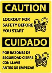 NMC - "Caution - Lockout for Safety Before You Start", 14" Long x 10" Wide, Rigid Plastic Safety Sign - Rectangle, 0.05" Thick, Use for Accident Prevention - Americas Industrial Supply