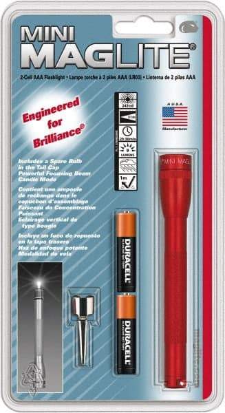 Mag-Lite - Krypton Bulb, 9 Lumens, Mini Flashlight - Red Aluminum Body, 2 AAA Alkaline Batteries Included - Americas Industrial Supply