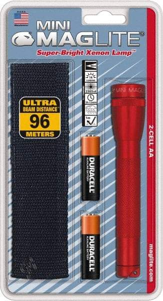 Mag-Lite - Krypton Bulb, 14 Lumens, Industrial/Tactical Flashlight - Red Aluminum Body, 2 AA Alkaline Batteries Included - Americas Industrial Supply