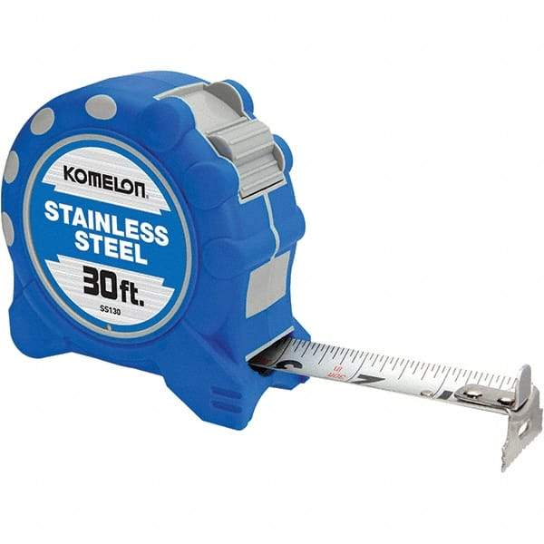 Komelon - 30' x 1" Silver Blade Tape Measure - 1/16" Graduation, Inch Graduation Style, Blue/Gray Case - Americas Industrial Supply