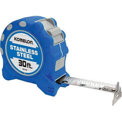 Komelon - 30' x 1" Silver Blade Tape Measure - 1/16" Graduation, Inch Graduation Style, Blue/Gray Case - Americas Industrial Supply