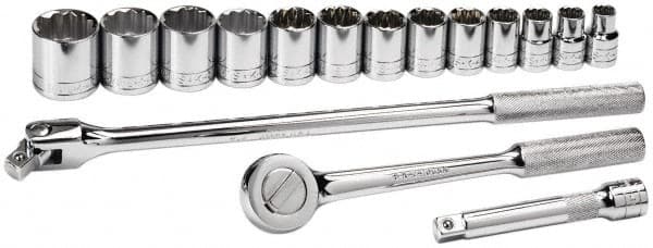 SK - 16 Piece 1/2" Drive Socket Set - 6, 12 Points, 7/16" to 1-1/4" Range, Inch Measurement Standard - Americas Industrial Supply
