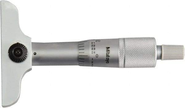 Mitutoyo - 0 to 1" Range, 1 Rod, Mechanical Depth Micrometer - Ratchet Stop Thimble, 2-1/2" Base Length, 0.01mm Graduation, 4mm Rod Diam - Americas Industrial Supply