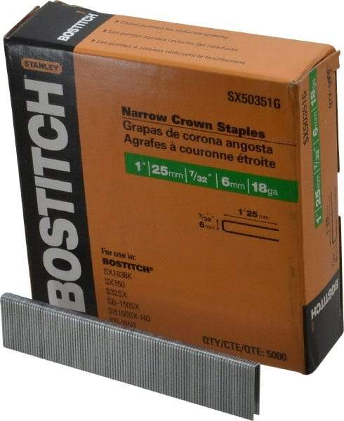 Stanley Bostitch - 1" Long x 7/32" Wide, 18 Gauge Crowned Construction Staple - Steel, Galvanized Finish - Americas Industrial Supply