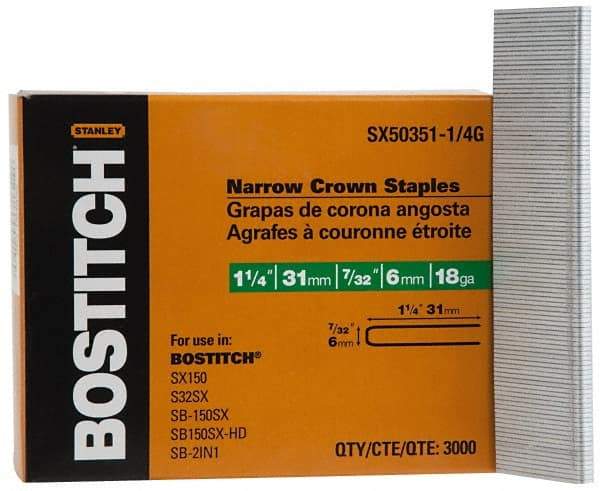 Stanley Bostitch - 1-1/4" Long x 7/32" Wide, 18 Gauge Crowned Construction Staple - Steel, Galvanized Finish - Americas Industrial Supply