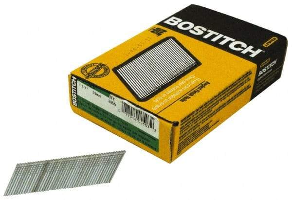 Stanley Bostitch - 15 Gauge 0.072" Shank Diam 1-1/4" Long Finishing Nails for Power Nailers - Steel, Galvanized Finish, Angled Stick Collation, Chisel Point - Americas Industrial Supply