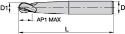 Kennametal - 1/2" Diam, 1/2" LOC, 4 Flute Solid Carbide Ball End Mill - TiAlN/TiN/TiAlN Finish, Single End, 5" OAL, 5/8" Shank Diam, Spiral Flute - Americas Industrial Supply