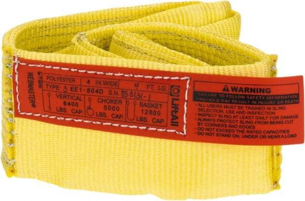Lift-All - 4' Long x 4" Wide, 6,400 Lb Vertical Capacity, 1 Ply, Polyester Web Sling - 5,000 Lb Choker Capacity, Yellow - Americas Industrial Supply