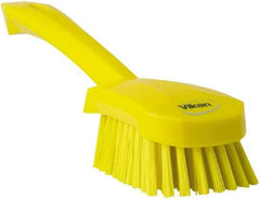 Vikan - 1.3" Bristle Length, Polyester Scrub Brush - 4-1/4" Long x 2-3/4" Wide Head, 10" OAL, Yellow, Polypropylene Block - Americas Industrial Supply
