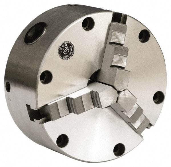 Gibraltar - 3 Jaws, 5" Diam, Self Centering Manual Lathe Chuck - Front Mount, Reversible, 3,000 Max RPM, 1.1811" Through Hole Diam, Cast Iron - Americas Industrial Supply