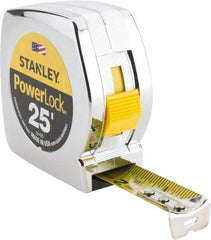 Stanley - 25' x 1" Yellow Blade Tape Measure - 1/16" Graduation, Inch Graduation Style, Silver Case - Americas Industrial Supply
