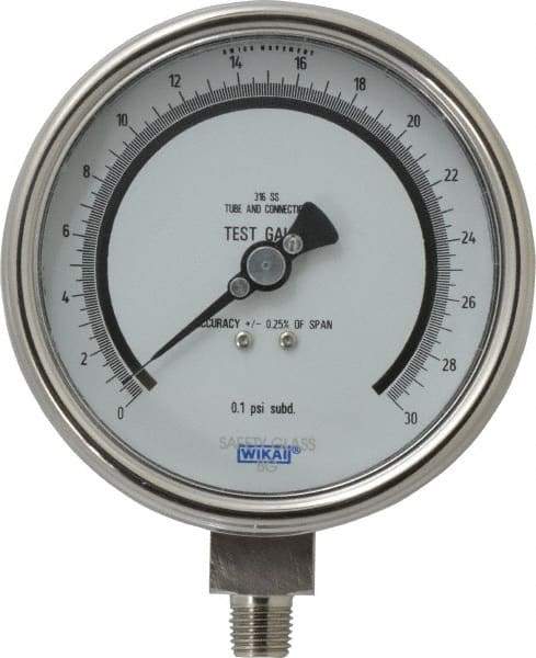 Wika - 4" Dial, 1/4 Thread, 0-30 Scale Range, Pressure Gauge - Lower Connection Mount, Accurate to 0.25% of Scale - Americas Industrial Supply