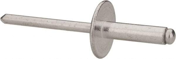 RivetKing - Size 68 Large Flange Dome Head Aluminum Open End Blind Rivet - Aluminum Mandrel, 0.376" to 1/2" Grip, 5/8" Head Diam, 0.192" to 0.196" Hole Diam, 0.7" Length Under Head, 3/16" Body Diam - Americas Industrial Supply