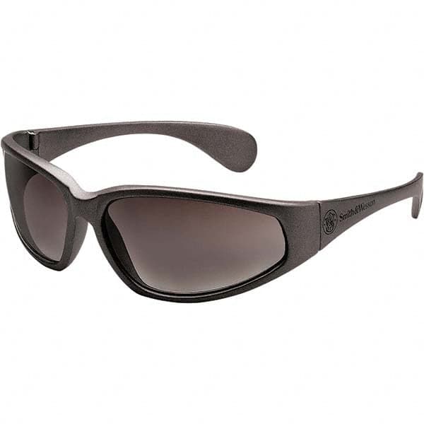 Smith & Wesson - Gray Lenses, Framed Safety Glasses - Scratch Resistant, Black Plastic Frame, Size Universal, Wrap Around - Americas Industrial Supply