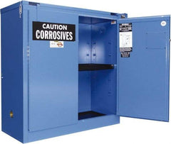 Securall Cabinets - 2 Door, 2 Shelf, Blue Steel Standard Safety Cabinet for Corrosive Chemicals - 67" High x 43" Wide x 18" Deep, Self Closing Door, 3 Point Key Lock, 45 Gal Capacity - Americas Industrial Supply