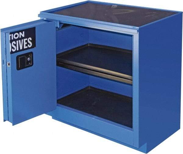 Securall Cabinets - 2 Door, 1 Shelf, Blue Steel Standard Safety Cabinet for Corrosive Chemicals - 36" High x 35" Wide x 22" Deep, Sliding Door, 3 Point Key Lock, 24 Gal Capacity - Americas Industrial Supply