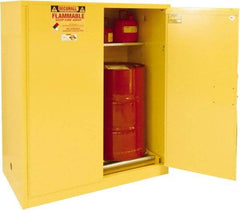 Securall Cabinets - 56" Wide x 31" Deep x 65" High, 18 Gauge Steel Vertical Drum Cabinet with 3 Point Key Lock - Yellow, Manual Closing Door, 1 Shelf, 2 Drums, Drum Rollers Included - Americas Industrial Supply