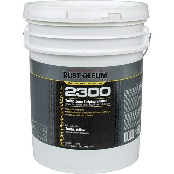 Rust-Oleum - 5 Gal Traffic Yellow Flat Finish Striping Paint - 410 to 540 Sq Ft per Gal, Interior/Exterior - Americas Industrial Supply