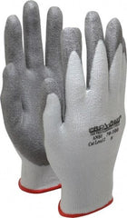 PRO-SAFE - Size S (7), ANSI Cut Lvl A2, Puncture Lvl 1, Abrasion Lvl 4, Polyurethane Coated HPPE Fiber Cut Resistant Gloves - 9" Long, Palm & Fingers Coated, HPPE Fiber Lining, Knit Wrist, White w/ Gray Coating, Paired - Americas Industrial Supply