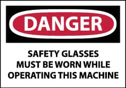 NMC - Accident Prevention Label, Header: DANGER - Legend: Danger - Safety Glasses Must Be Worn While Operating This Machine, English, Red, Black & White, 5" Long x 3" High, Sign Muscle Finish - Americas Industrial Supply