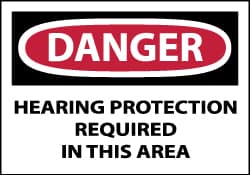 NMC - Accident Prevention Label, Header: DANGER - Legend: Danger - Hearing Protection Required in This Area, English, Red, Black & White, 5" Long x 3" High, Sign Muscle Finish - Americas Industrial Supply